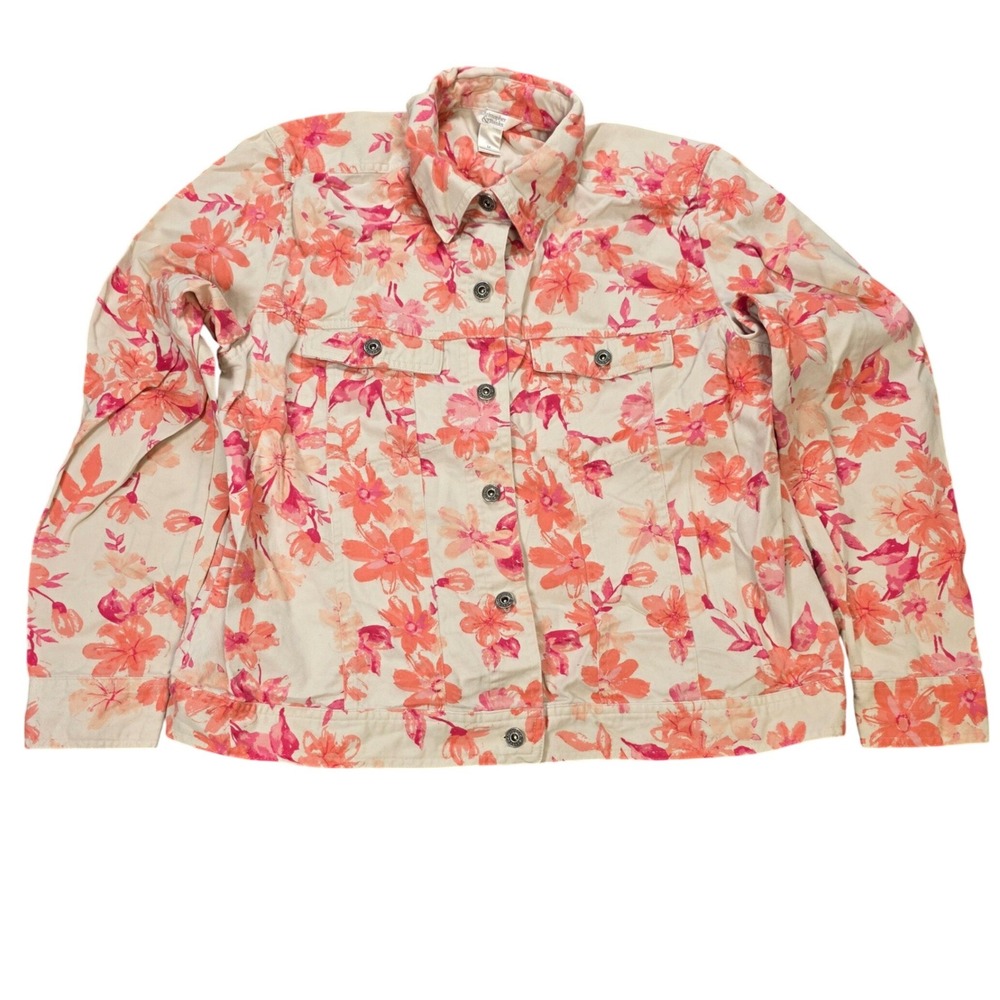 Christopher & Banks Denim Trucker Jacket Women's Size M Cream Pink Orange Floral